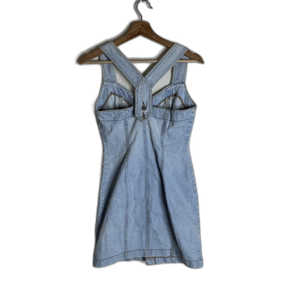 Vintage Bongo Dress Womens 5 Light Wash Denim Button Front Crossback Mini 90s - Picture 7 of 11